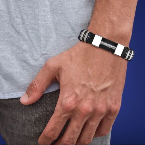 💎OS4💎 Gorgeous Black Silicone Stainless Steel Mens Unisex Bracelet - Picture 9 of 16